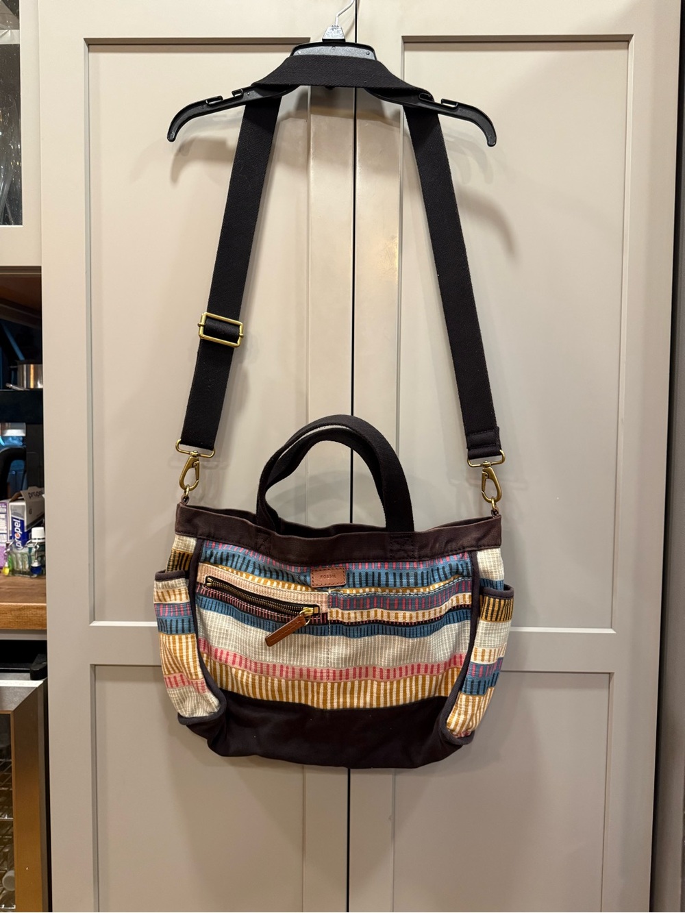 Fossil Multicolor Striped Canvas Shoulder Bag with Brown Trim and Black Strap